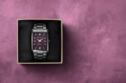 Perry Ellis Ultra Slim Men's Watch – Rectangular Gunmetal, Aubergine Textured Dial with Diamond Accents, Silver Faceted Indexes, Gunmetal Stretch Bracelet, Quartz Analog Fashion Accessory