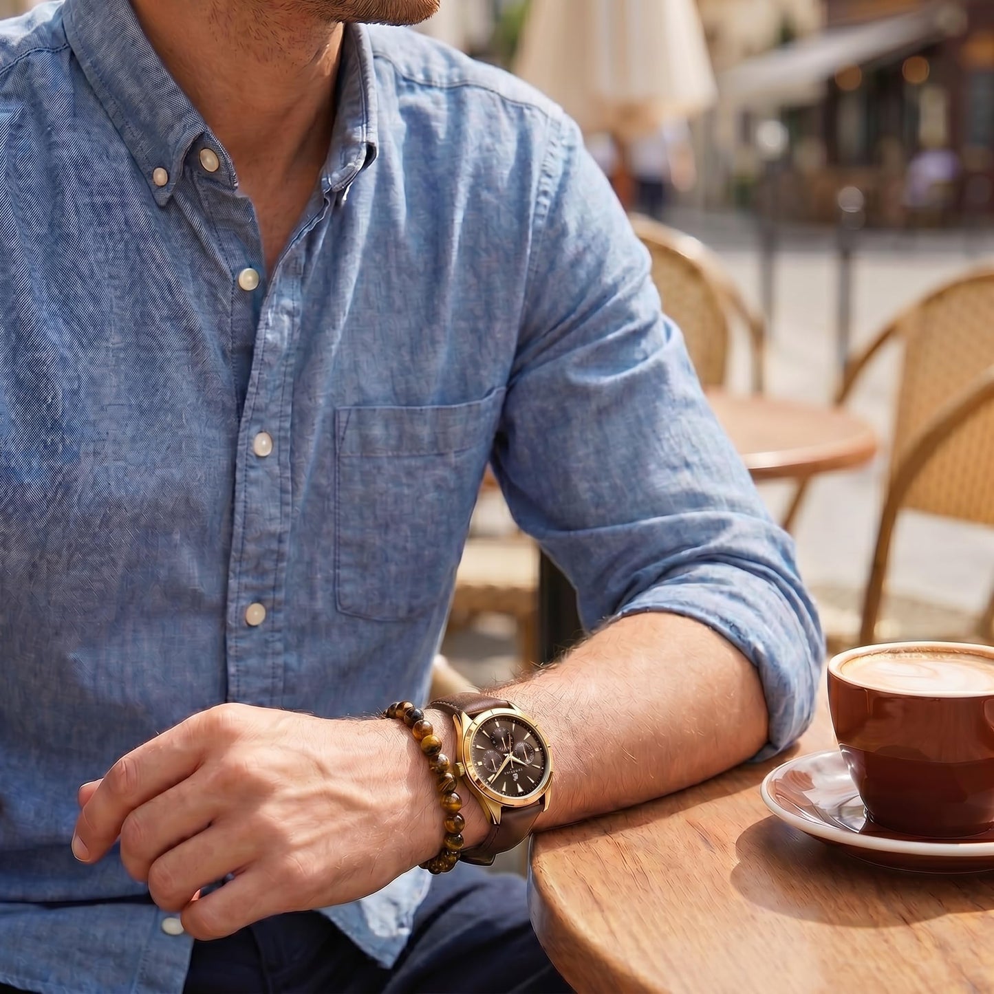 Caribbean Joe Men’s Watch & Yellow Tiger Eye Beaded Bracelet Set – 42mm Gold-Tone Case, Brown Sunray Dial with Faux Subdials, Luminous Gold-Tone Markers, Dark Brown PU Strap, 8mm Natural Stone 8” Bracelet
