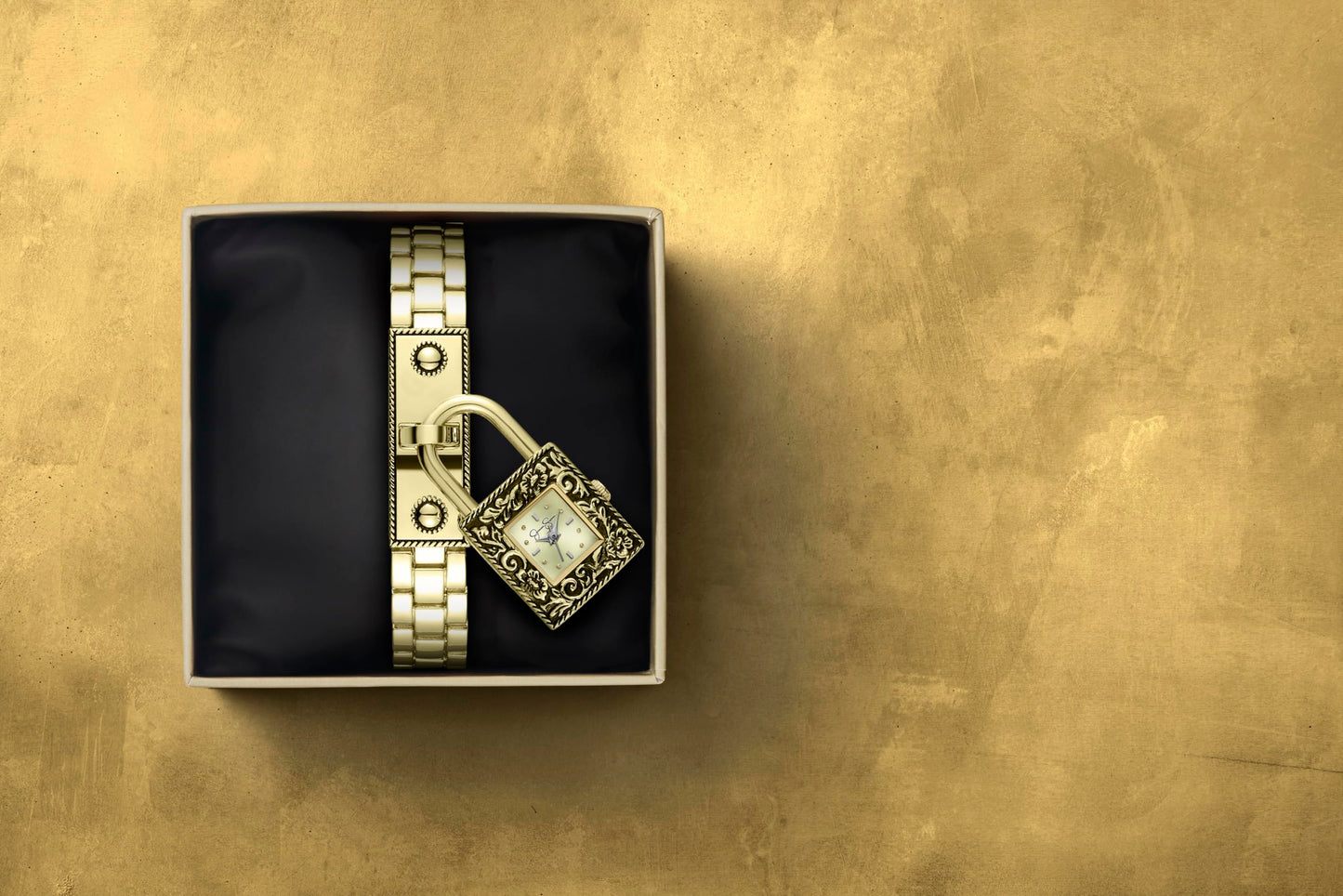Jessica Simpson Locket Charm Watch for Women - Gold Bracelet, 20mm Square Case, Analog Quartz Movement, Adjustable Metal Band, Gift Box Included (Gold)