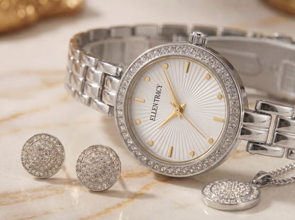 ELLEN TRACY Women's 24mm Round Silvertone Watch and Jewelry Gift Set, White Dial, Crystal Accents