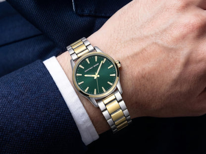 Geoffrey Beene Men’s Watch Set Round Two Tone 42mm Green Sunray Dial Strap & Bracelet