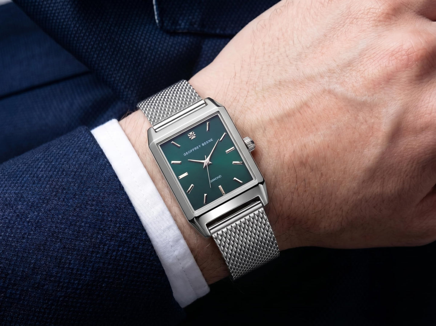 Geoffrey Beene Men’s Rectangular Silver Watch 33mm Teal Sunray Dial Mesh Bracelet Diamond Accent