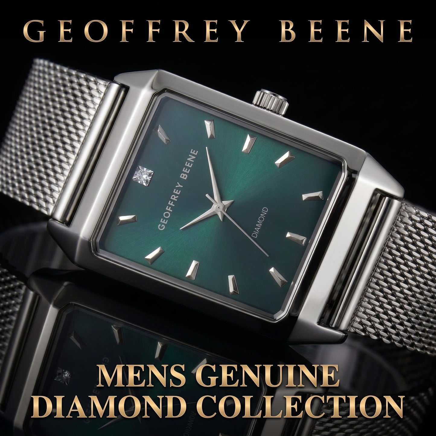 Geoffrey Beene Men’s Rectangular Silver Watch 33mm Teal Sunray Dial Mesh Bracelet Diamond Accent