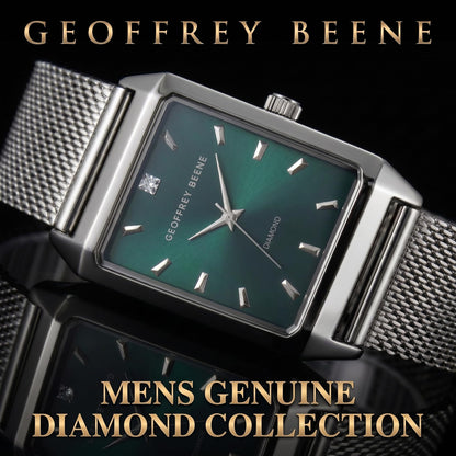 Geoffrey Beene Men’s Rectangular Silver Watch 33mm Teal Sunray Dial Mesh Bracelet Diamond Accent