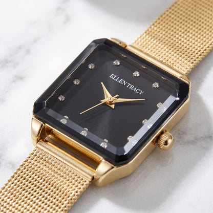 Ellen Tracy Women's 24mm Square Case Quartz Watch Metal Mesh Band