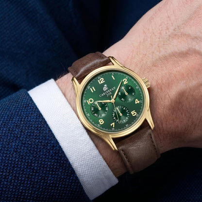 CARIBBEAN JOE Men’s Watch, 41mm Round Case, Goldtone, Green Sunray Dial, Arabic Markers, Decorative Dial Markers, Brown PU Strap