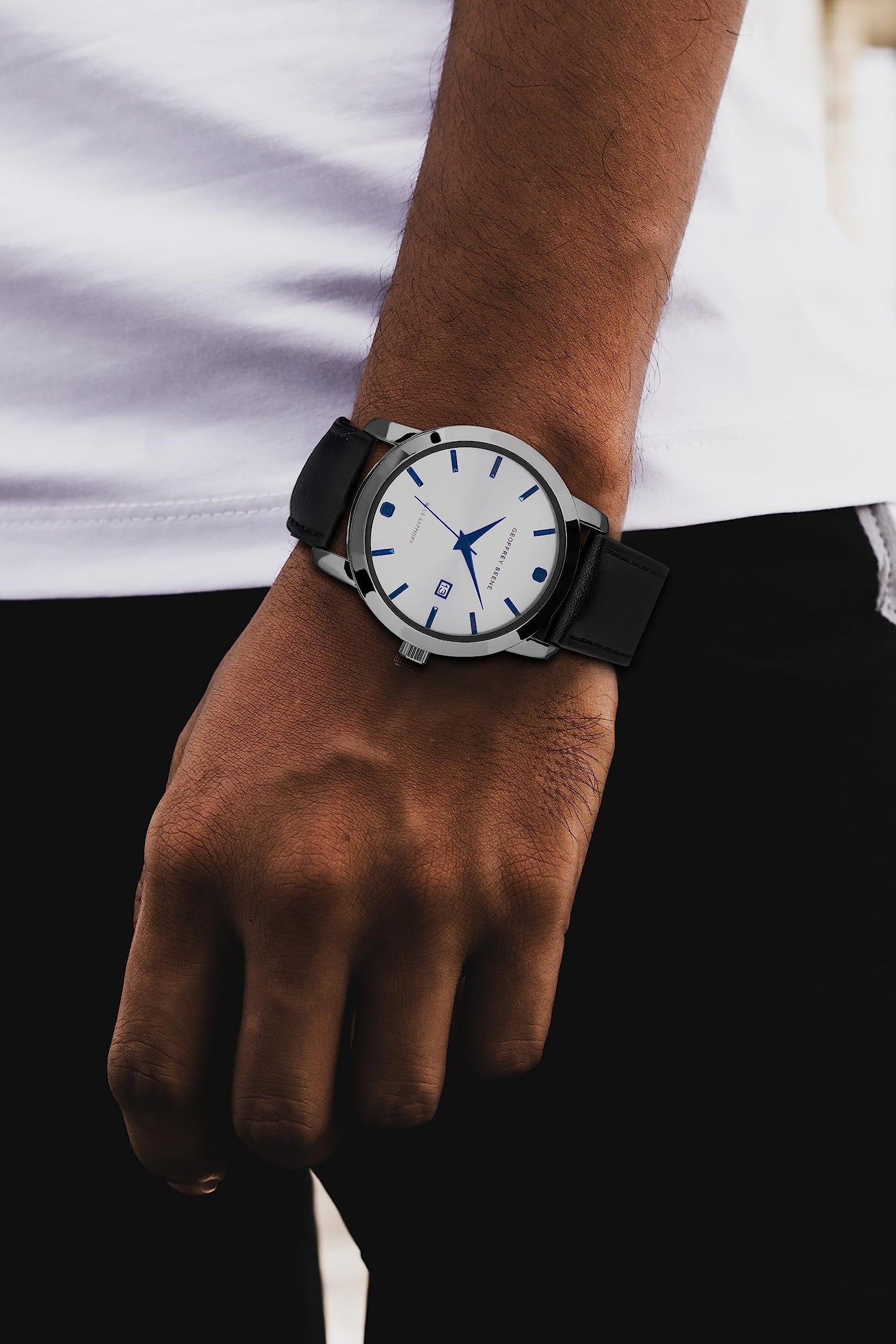 Geoffrey Beene Mens Watch, Genuine Diamond Accent Dial - Elegant Leather Strap Quartz Movement Analog Watch for Men, Gift for Men, Formal or Business Casual Minimalist Wrist Watches 42mm