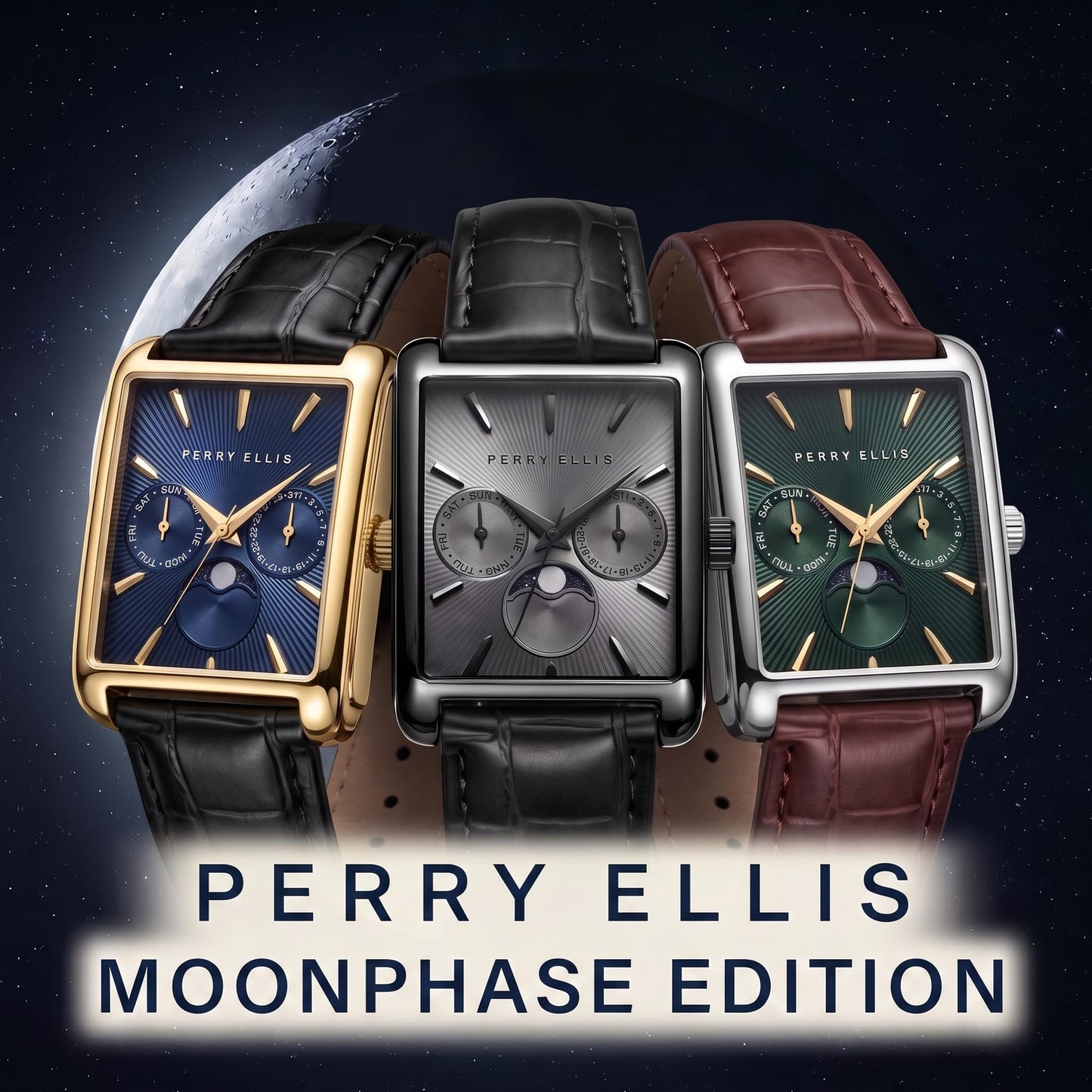 Perry Ellis Men's Rectangular Moonphase Watch, Textured Dial, PU Strap