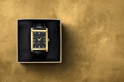 Perry Ellis Ultra Slim Men's Watch – Rectangular Gold-Tone, Black Textured Dial with Diamond Accents, Gold Faceted Indexes, Adjustable Black Leather Strap, Quartz Analog Fashion Accessory