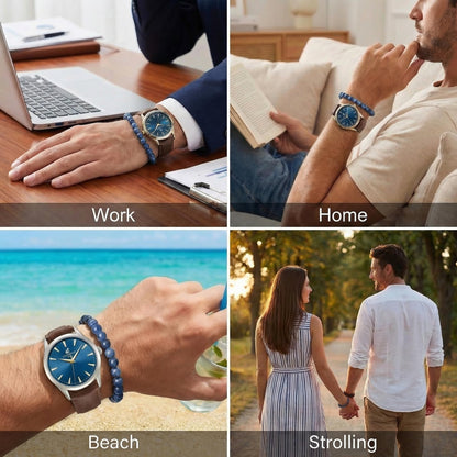 CARIBBEAN JOE Men’s Watch & Blue Sodalite Beaded Bracelet Set – 41mm Silver-Tone Case, Blue Sunray Dial, Gold-Tone Luminous Markers, Brown PU Strap, 8mm Natural Stone 8” Bracelet