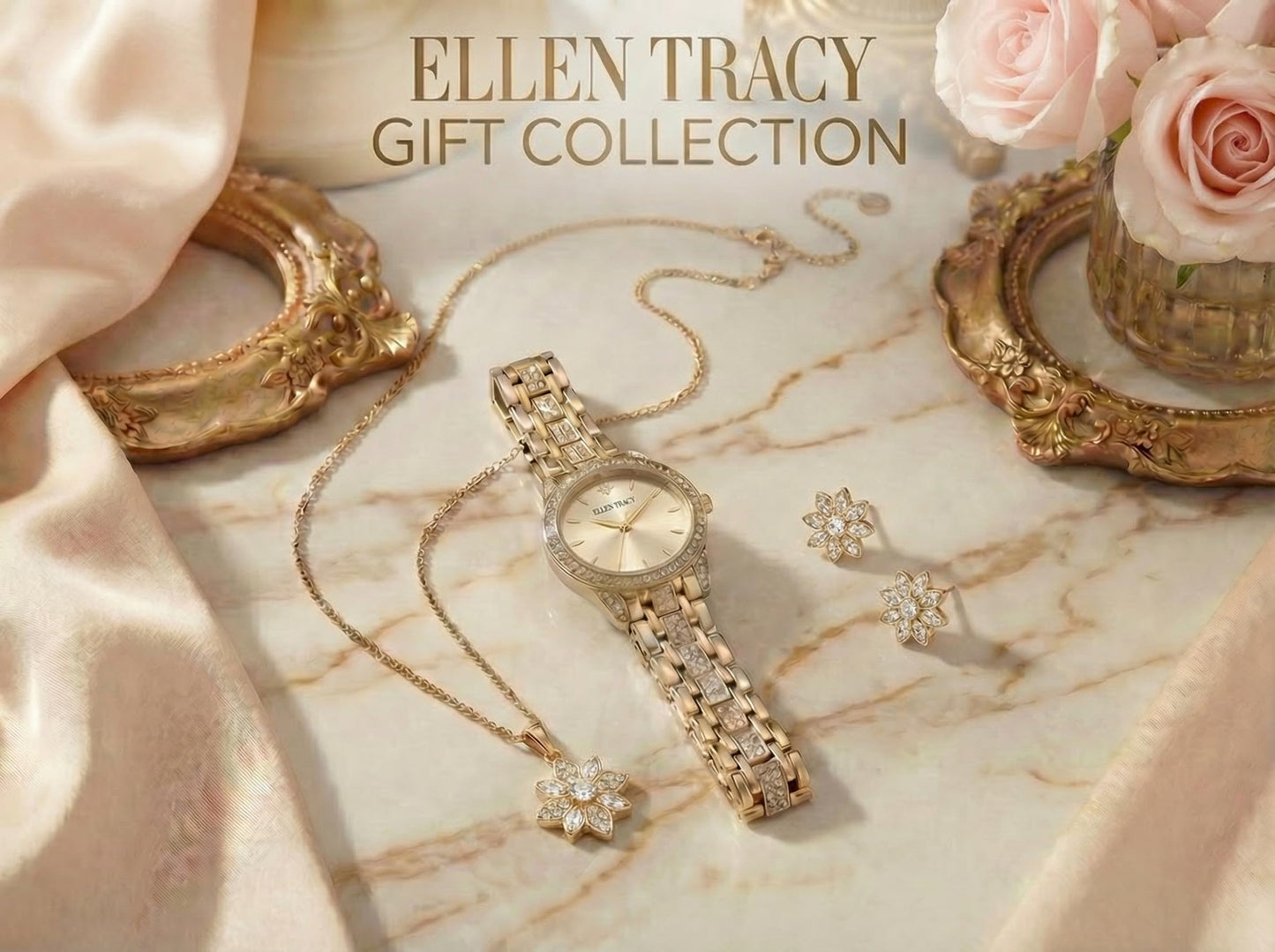 ELLEN TRACY Women's 25mm Round Goldtone Watch and Jewelry Gift Set, Champagne Dial, Crystal Accents