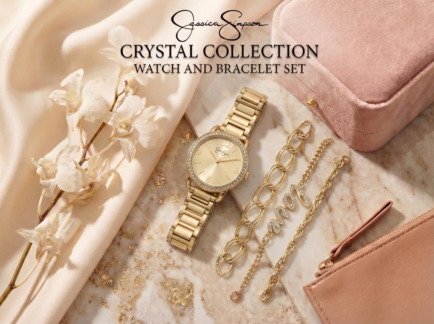Jessica Simpson Women’s Watch Set Gold 32mm Champagne Dial Bracelet Set