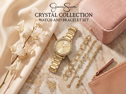 Jessica Simpson Women’s Watch Set Gold 32mm Champagne Dial Bracelet Set