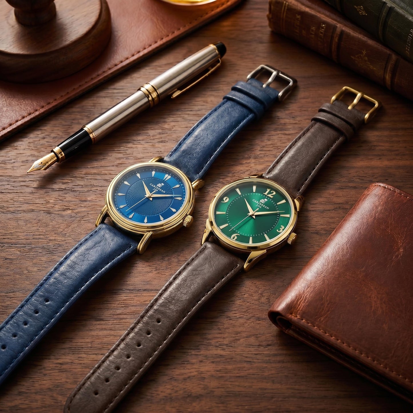 CARIBBEAN JOE Men’s Watch Set, 41mm + 40mm Goldtone Cases, Blue & Green Sunray Dials, Luminous Indexes, PU Straps