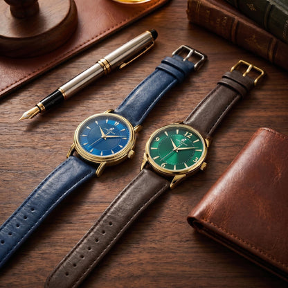 CARIBBEAN JOE Men’s Watch Set, 41mm + 40mm Goldtone Cases, Blue & Green Sunray Dials, Luminous Indexes, PU Straps