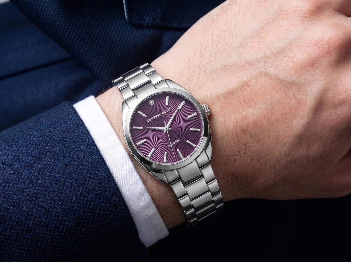 Geoffrey Beene Men’s Round Silver Watch 41mm Aubergine Textured Dial Bracelet Diamond Accent