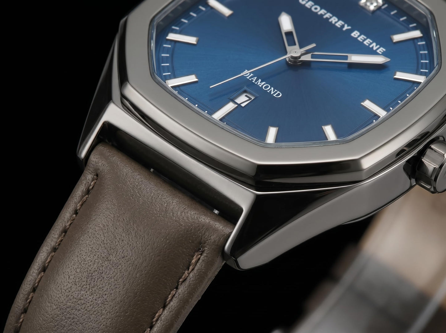 Geoffrey Beene Men’s Octagon Gunmetal Watch 41mm Blue Sunray Dial PU Strap Diamond Accent