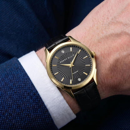 Perry Ellis Ultra Slim Men’s Round Gold Watch 41mm Black Textured Dial PU Strap Diamond Accent