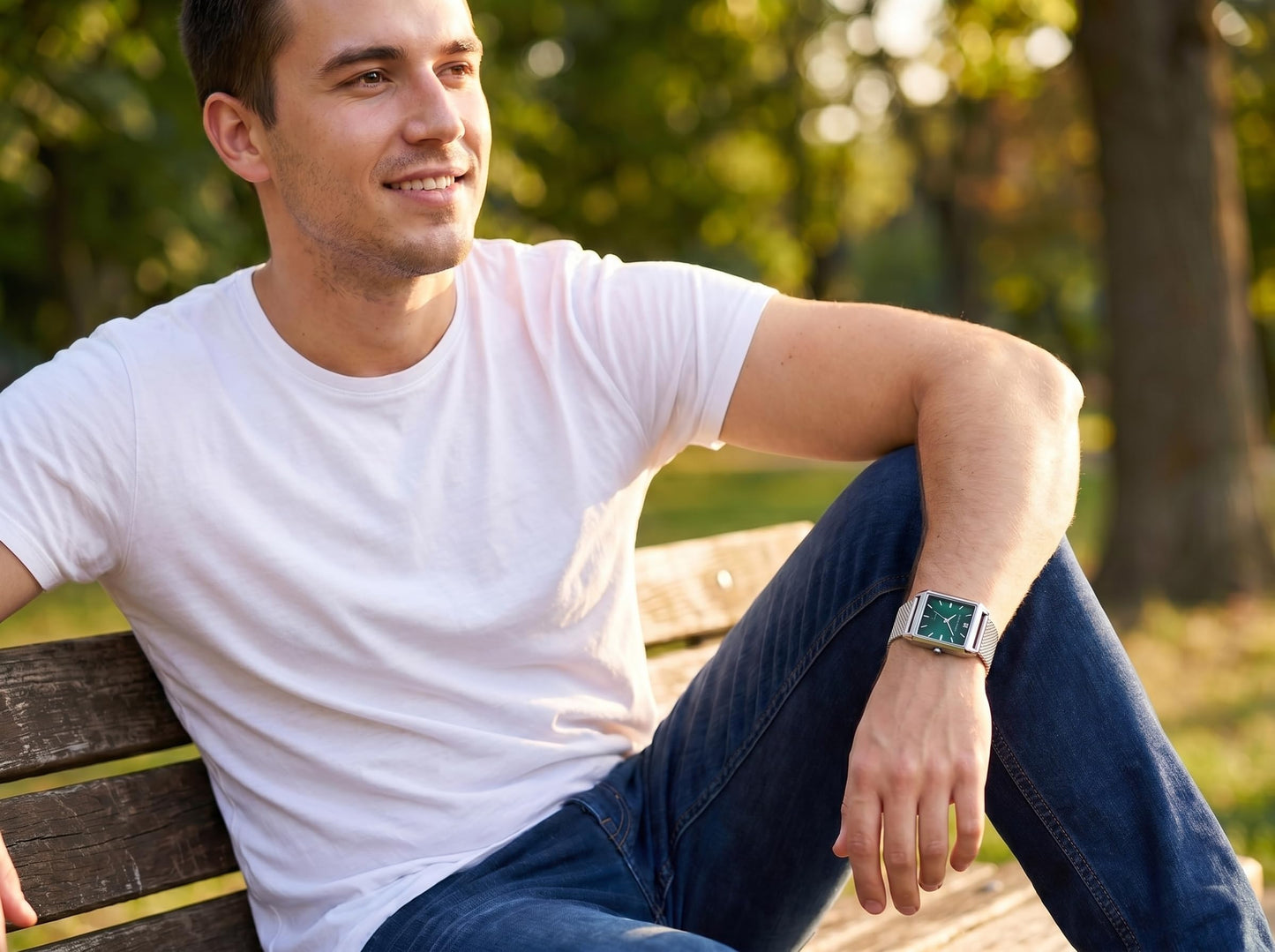 Geoffrey Beene Men’s Rectangular Silver Watch 33mm Teal Sunray Dial Mesh Bracelet Diamond Accent