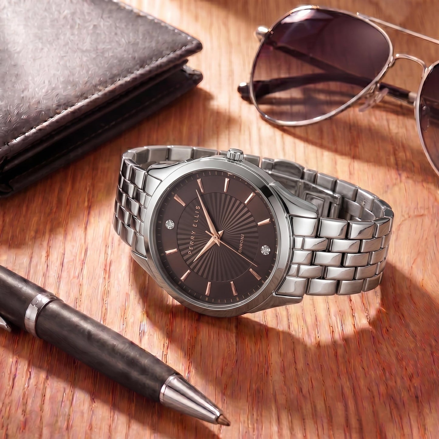Perry Ellis Ultra Slim Men’s Round Silver Watch 41mm Brown Textured Dial Bracelet Diamond Accent