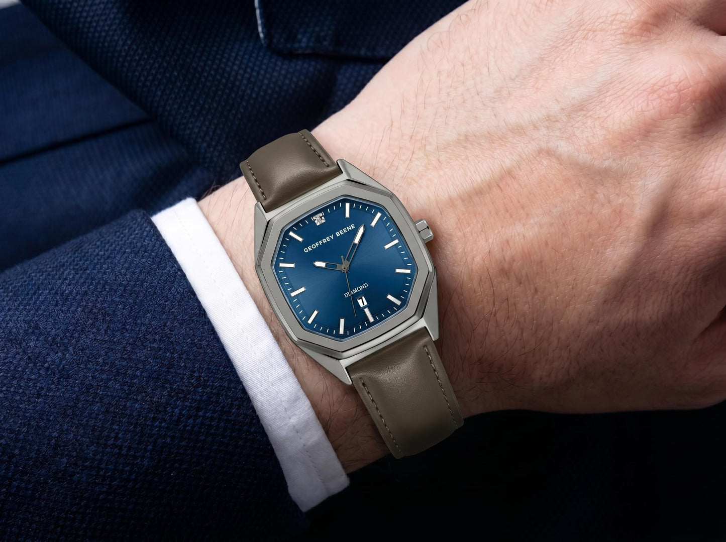Geoffrey Beene Men’s Octagon Gunmetal Watch 41mm Blue Sunray Dial PU Strap Diamond Accent
