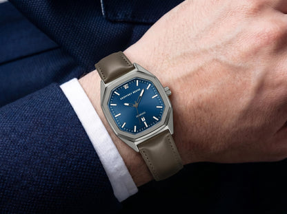 Geoffrey Beene Men’s Octagon Gunmetal Watch 41mm Blue Sunray Dial PU Strap Diamond Accent