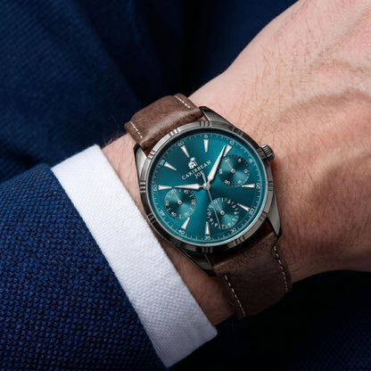CARIBBEAN JOE Men’s Watch, 41mm Round Case, Light Gunmetal, Green Sunray Dial, Triangle Luminous Markers, Decorative Dial Markers, Brown PU Strap