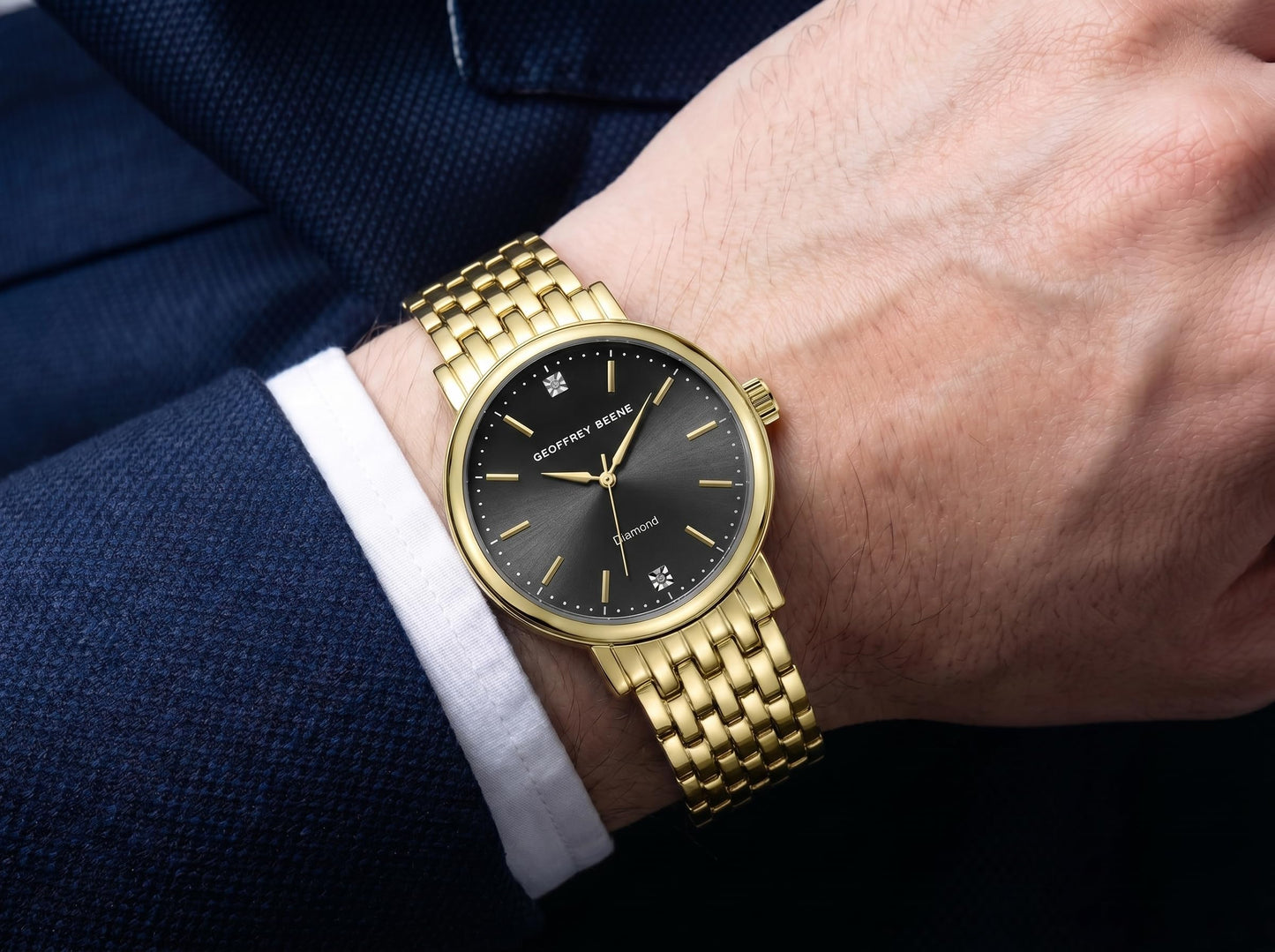 Geoffrey Beene Men’s Round Gold Watch 41mm Black Sunray Dial Bracelet Diamond Accent