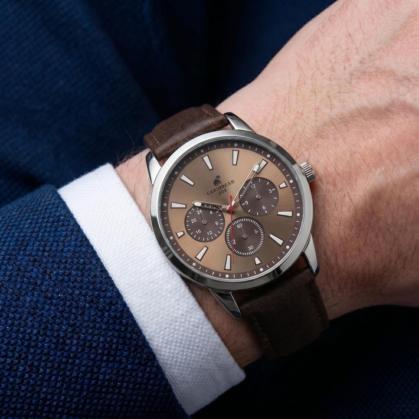 CARIBBEAN JOE Men’s Watch, 41mm Round Case, Silvertone, Light Brown Sunray Dial, Decorative Dial Accents, Luminous Indexes, Dark Brown PU Strap