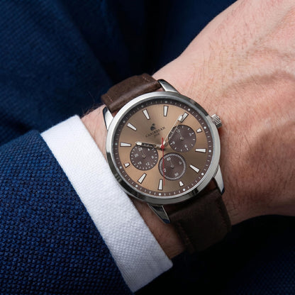 CARIBBEAN JOE Men’s Watch, 41mm Round Case, Silvertone, Light Brown Sunray Dial, Decorative Dial Accents, Luminous Indexes, Dark Brown PU Strap