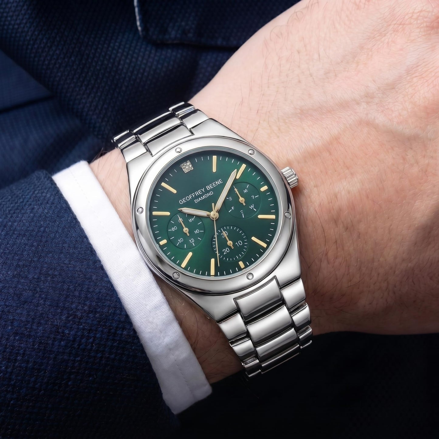 Geoffrey Beene Men’s Round Silver Watch 42mm Teal Sunray Dial Bracelet Diamond Accent