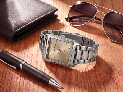Geoffrey Beene Men’s Rectangular Silver Watch 34mm Brown Sunray Dial Bracelet Diamond Accent