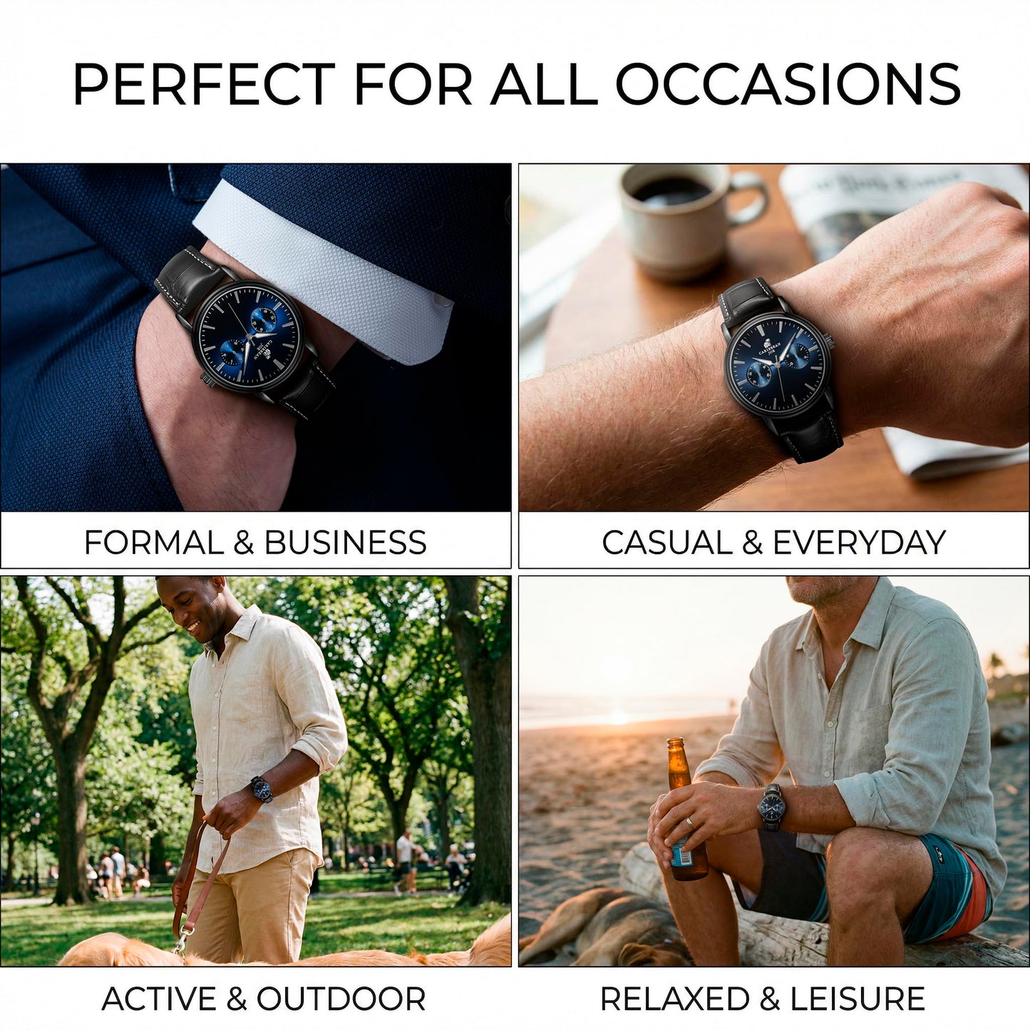 CARIBBEAN JOE Men’s Analog Watch with Blue Gradient Sunray Dial, Gunmetal 41mm Round Case, Decorative Subdials, Black Vegan Leather Strap, Quartz Movement, Casual Dress Wrist Watch