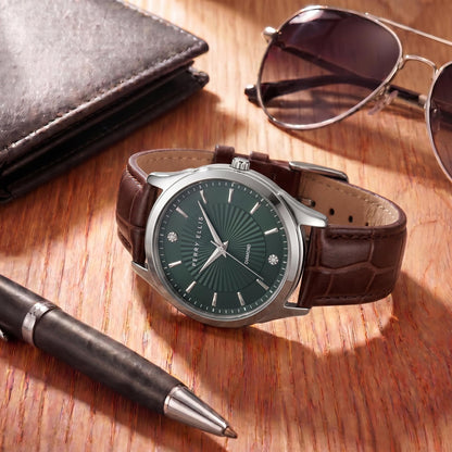Perry Ellis Ultra Slim Men’s Round Silver Watch 41mm Green Textured Dial PU Strap Diamond Accent
