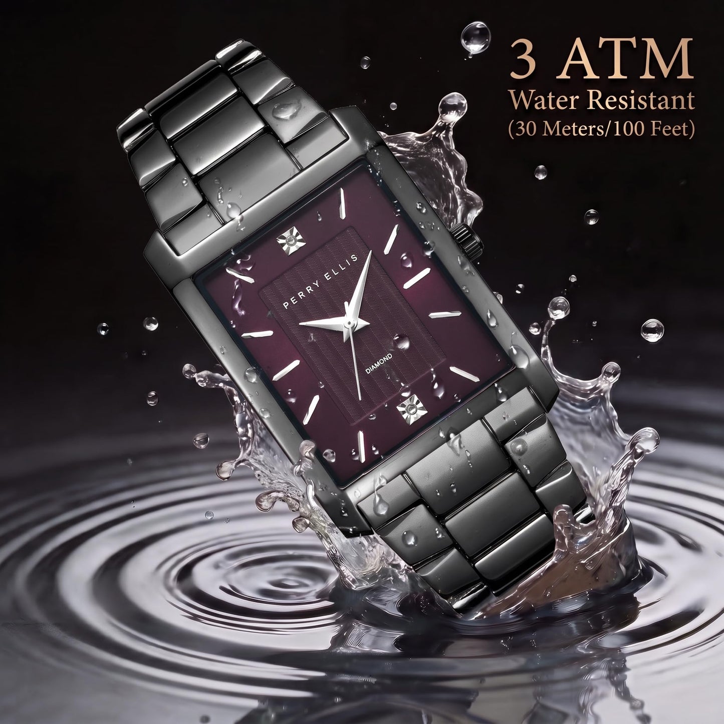 Perry Ellis Ultra Slim Men's Watch – Rectangular Gunmetal, Aubergine Textured Dial with Diamond Accents, Silver Faceted Indexes, Gunmetal Stretch Bracelet, Quartz Analog Fashion Accessory