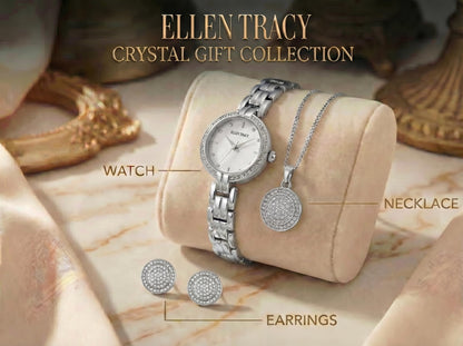 ELLEN TRACY Women's 24mm Round Silvertone Watch and Jewelry Gift Set, White Dial, Crystal Accents