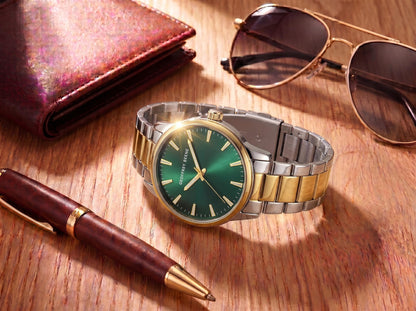 Geoffrey Beene Men’s Watch Set Round Two Tone 42mm Green Sunray Dial Strap & Bracelet