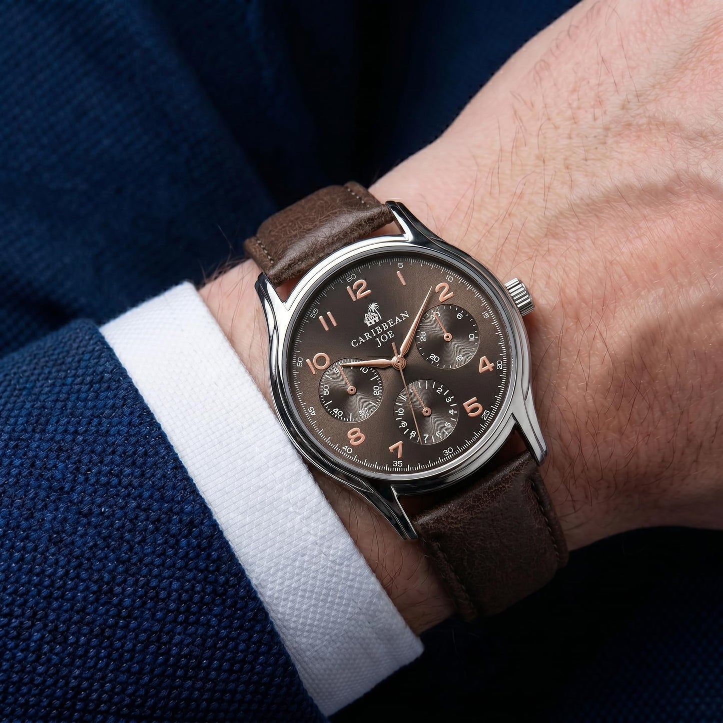 CARIBBEAN JOE Men’s Watch, 41mm Round Case, Silvertone, Dark Brown Sunray Dial, Rose Gold Arabic Markers, Decorative Dial Markers, Dark Brown PU Strap