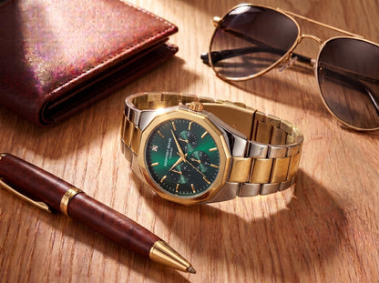 Geoffrey Beene Men’s Round Two Tone Watch 43mm Green Sunray Dial Bracelet Diamond Accent