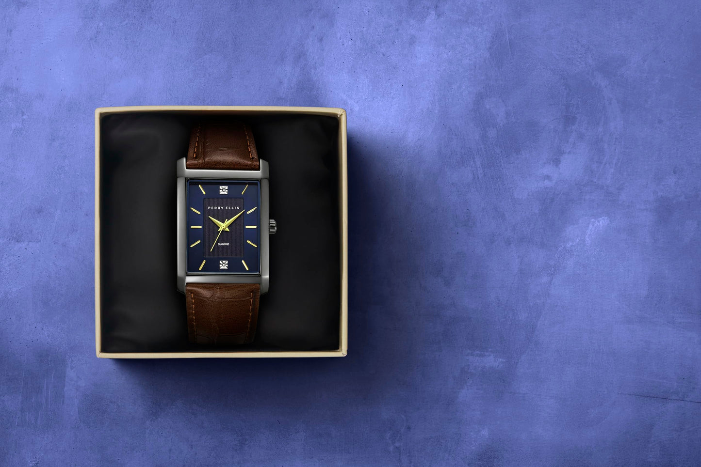 Perry Ellis Ultra Slim Men's Watch – Rectangular Gold-Tone, Black Textured Dial with Diamond Accents, Gold Faceted Indexes, Adjustable Black Leather Strap, Quartz Analog Fashion Accessory