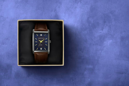 Perry Ellis Ultra Slim Men's Watch – Rectangular Gold-Tone, Black Textured Dial with Diamond Accents, Gold Faceted Indexes, Adjustable Black Leather Strap, Quartz Analog Fashion Accessory
