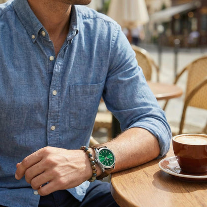CARIBBEAN JOE Men’s Watch & Red Creek Jasper Beaded Bracelet Set – 41mm Silver-Tone Case, Green Sunray Dial, Luminous Markers, Brown PU Strap, 8mm Natural Stone 8” Bracelet