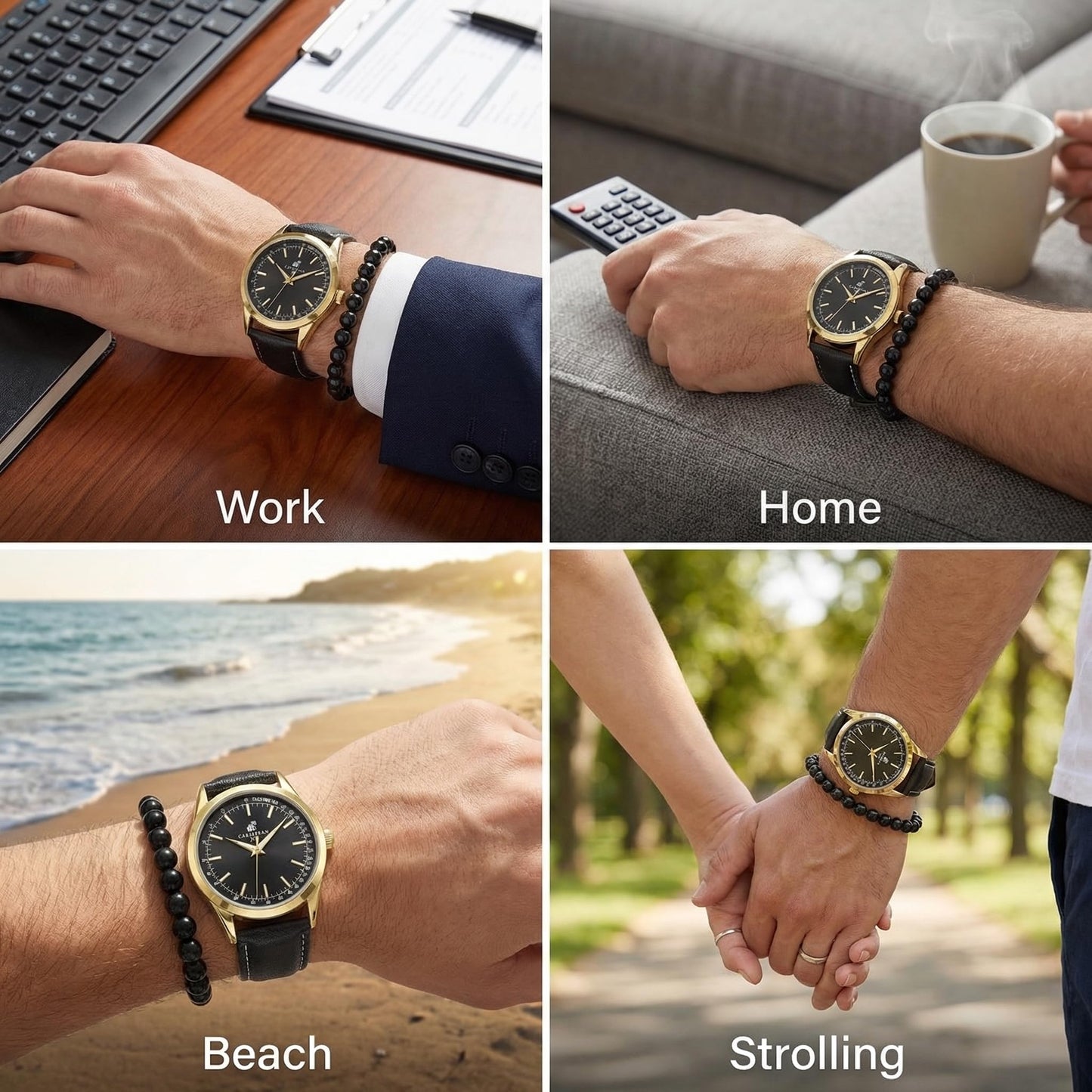 CARIBBEAN JOE Men’s Watch & Onyx Beaded Bracelet Set – 41mm Gold-Tone Case, Black Sunray Dial, Luminous Gold-Tone Bar Markers, Black PU Strap, 8mm Natural Stone 8” Bracelet