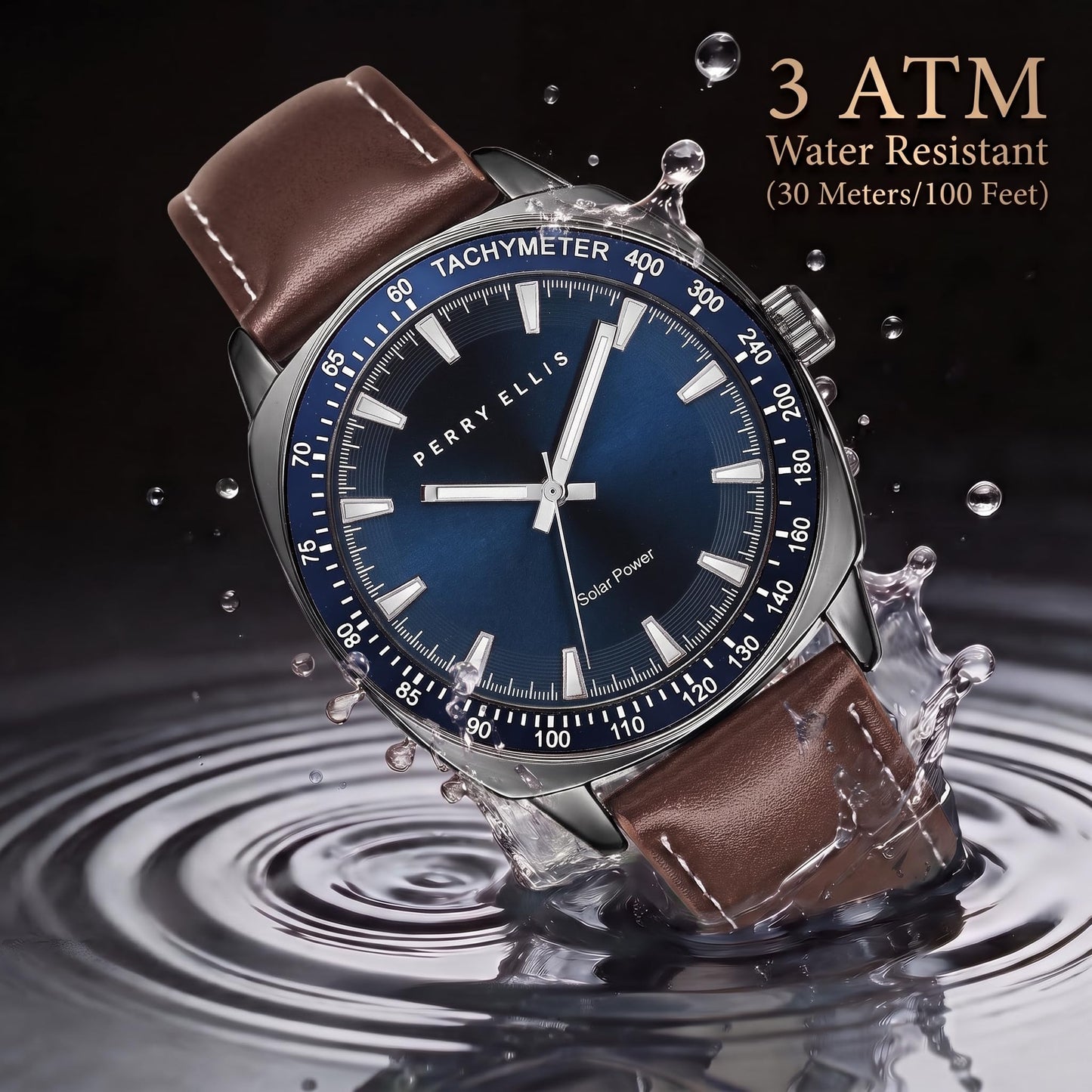 Perry Ellis Solar Powered Men's Watch – Vegan Leather Analog Wrist Watch for Men, Water-Resistant 43mm with Aluminum Tachymeter Bezel, Elegant Gift Choice