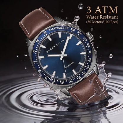 Perry Ellis Solar Powered Men's Watch – Vegan Leather Analog Wrist Watch for Men, Water-Resistant 43mm with Aluminum Tachymeter Bezel, Elegant Gift Choice