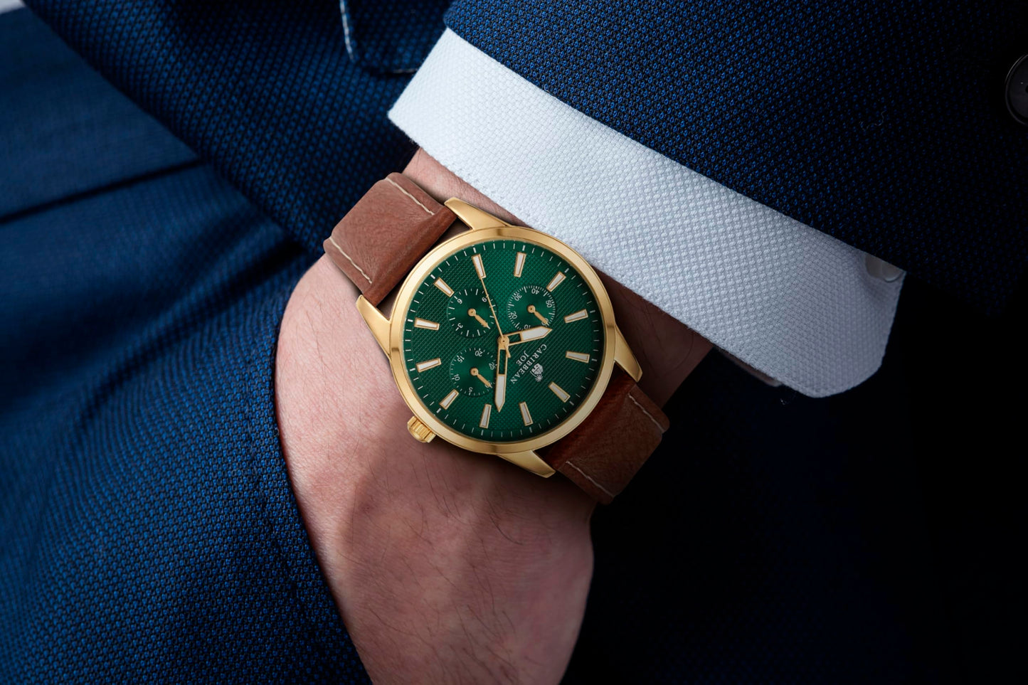 CARIBBEAN JOE Men’s Analog Watch with Green Textured Dial, Gold-Tone 42mm Round Case, Decorative Subdials, Brown Vegan Leather Strap, Quartz Movement, Casual Dress Wrist Watch