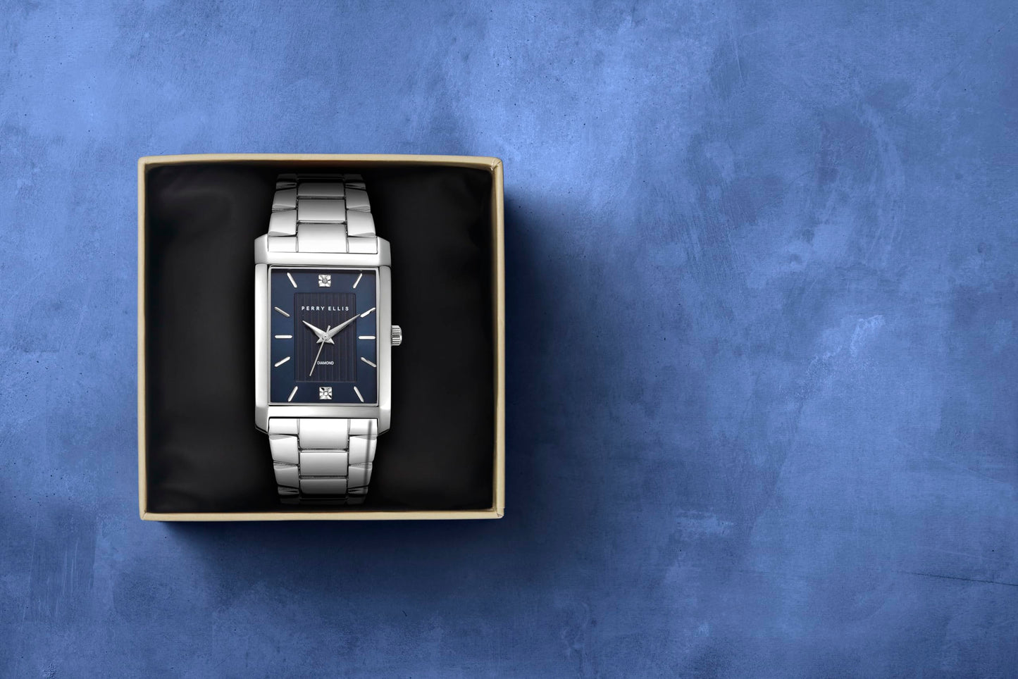Perry Ellis Ultra Slim Men's Watch – Rectangular Gunmetal, Aubergine Textured Dial with Diamond Accents, Silver Faceted Indexes, Gunmetal Stretch Bracelet, Quartz Analog Fashion Accessory