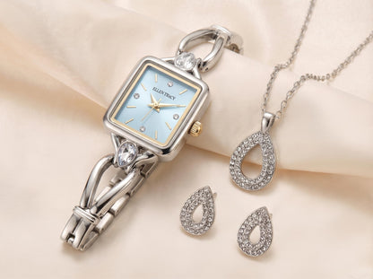 ELLEN TRACY Women's 20mm Rectangle Silvertone Watch and Jewelry Gift Set, Blue Dial, Crystal Accents