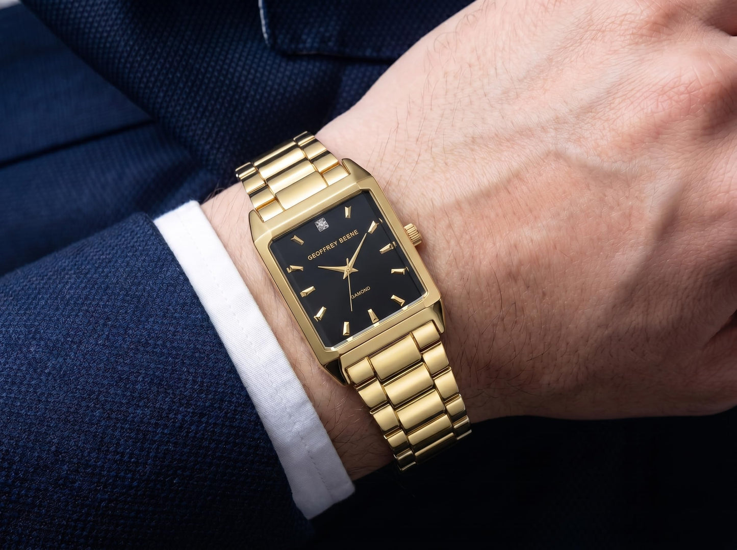 Geoffrey Beene Men’s Rectangular Gold Watch 34mm Black Sunray Dial Bracelet Diamond Accent