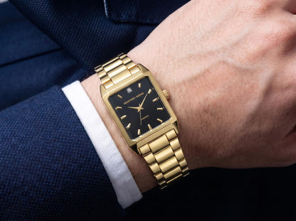 Geoffrey Beene Men’s Rectangular Gold Watch 34mm Black Sunray Dial Bracelet Diamond Accent